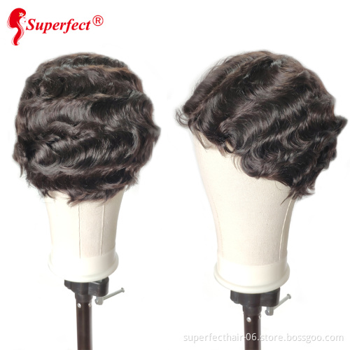 Short Human Hair Wigs  Machine Made Ocean Wave Natural Color 8Inches 100g Virgin Hair Wig